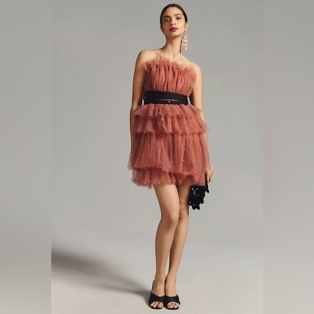NEW – Maeve Anthropologie Strapless Tiered Tulle Mini Dress Pink Beaded Size 6 - Picture 2 of 7